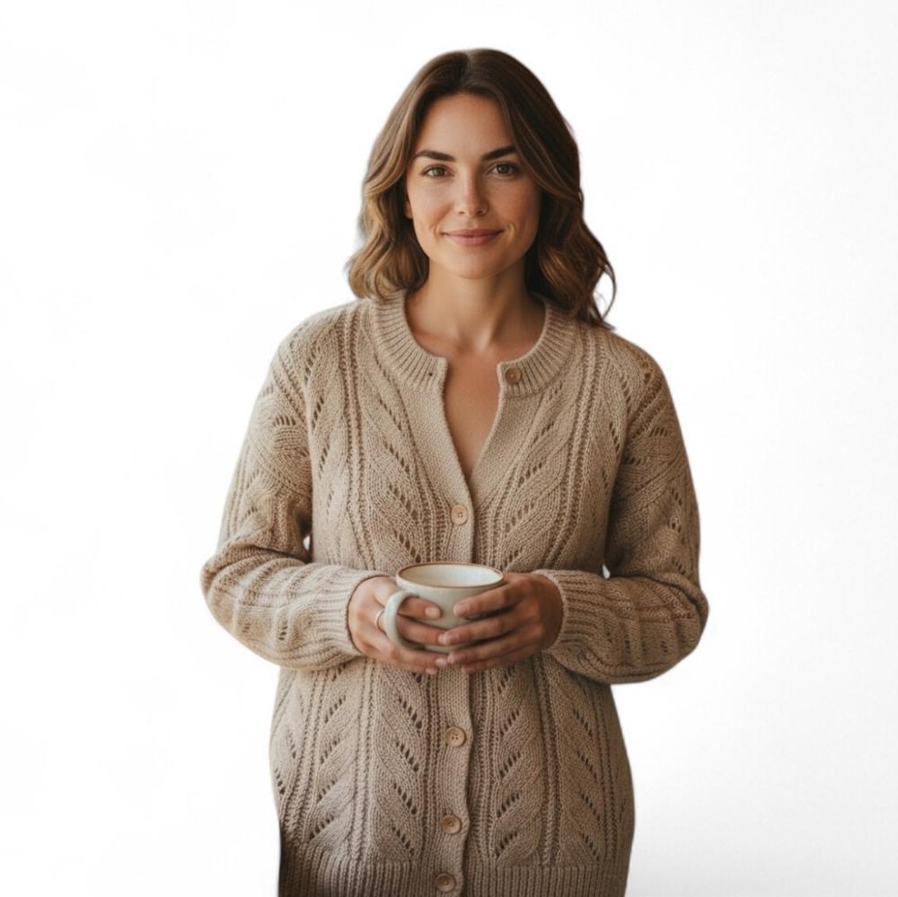 Handmade Beige Open Knit Crewneck Cottagecore Cardigan Ecclectic Grandpa women L